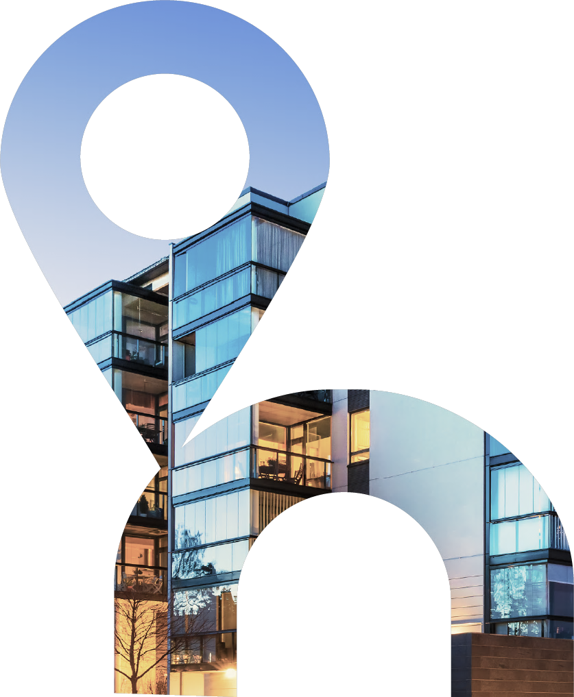 Hullo — AI Enabled Space Technology — brand identity with building imagery inside a location pin and the Hullo 'h' lettermark