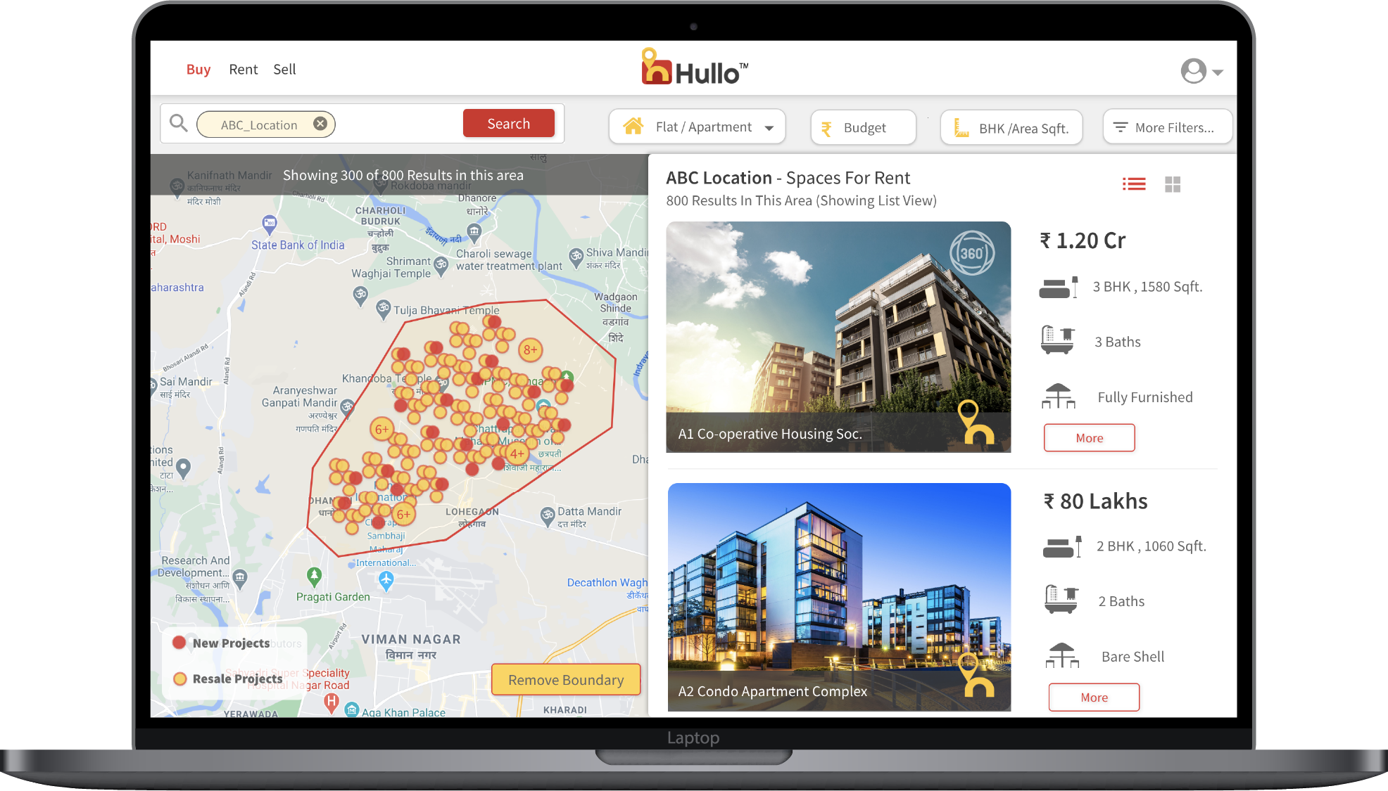 Hullo platform showing map-based property search with custom geographic boundary drawing and split-view listing panel with AI-curated results on laptop
