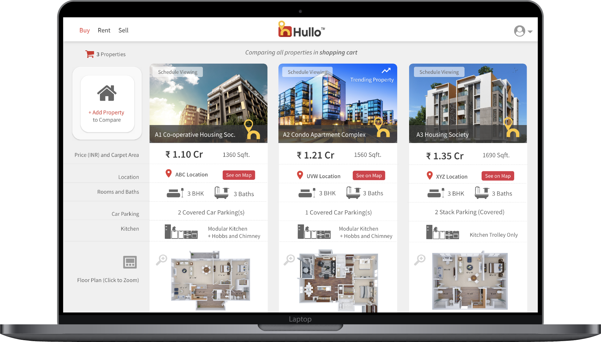 Hullo property comparison view showing side-by-side details for three properties with pricing, carpet area, location, rooms, parking, kitchen, and floor plans on laptop