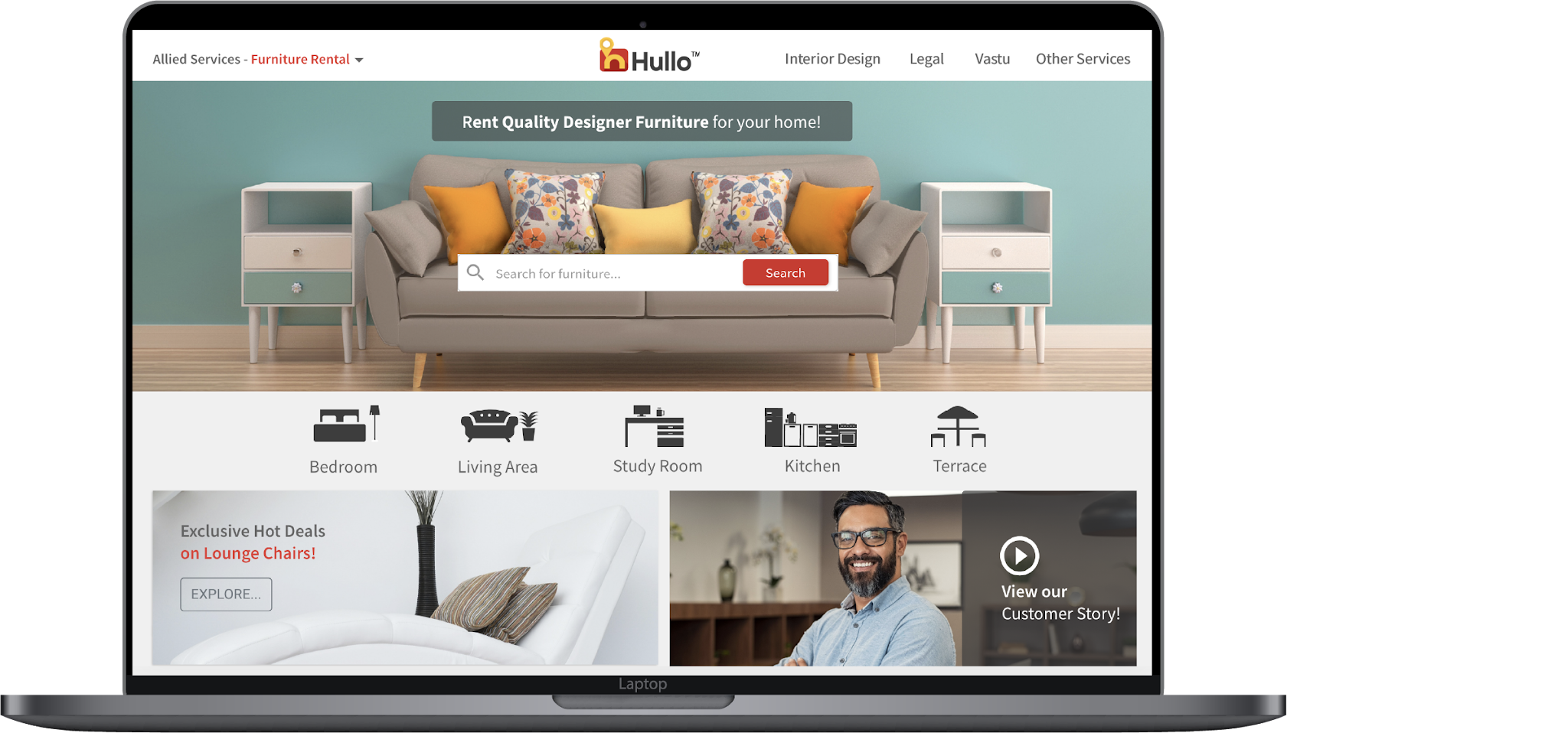 Hullo Allied Services furniture rental page on laptop showing room categories — Bedroom, Living Area, Study Room, Kitchen, Terrace — with search and deals