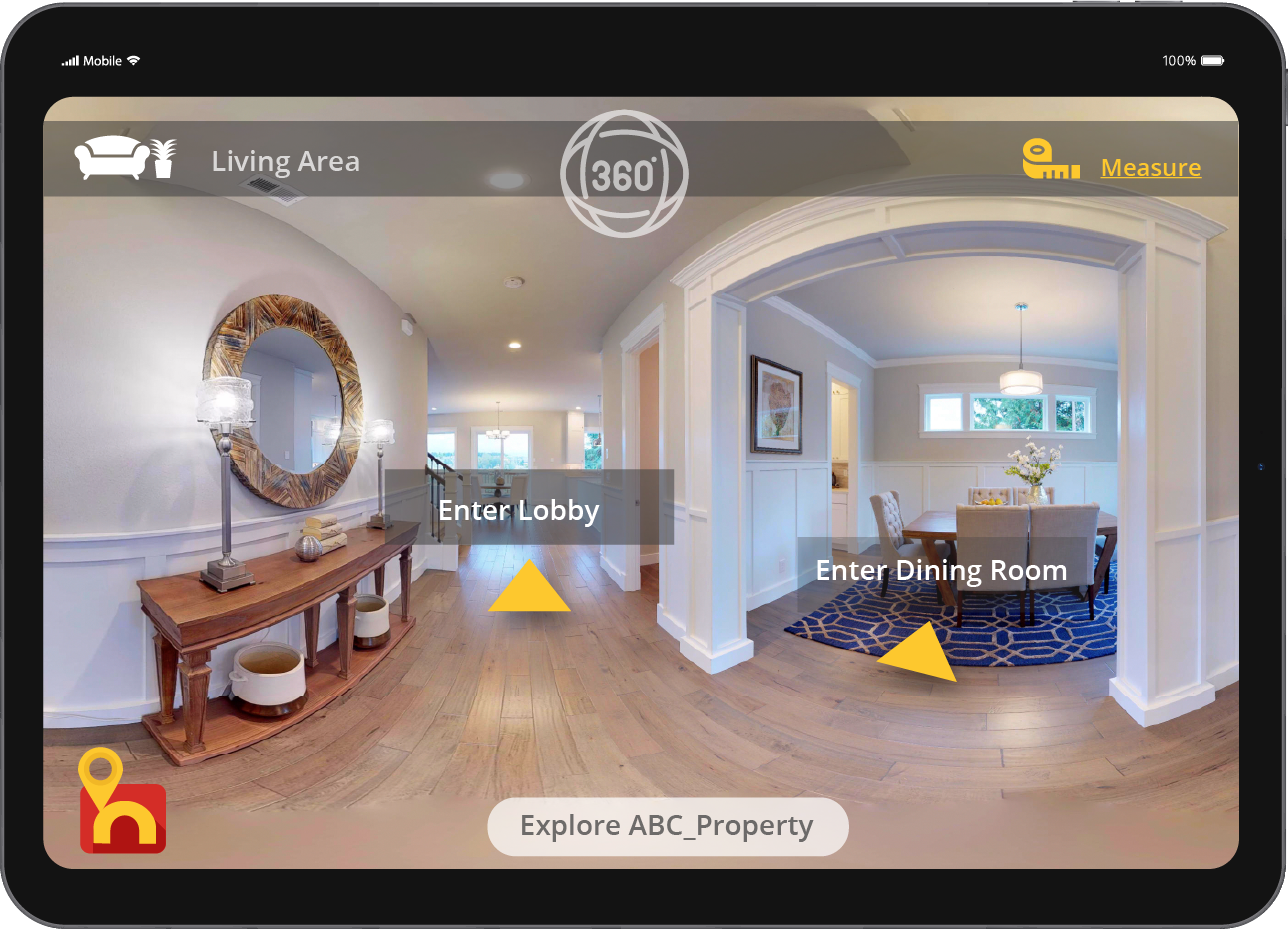 Hullo 360-degree virtual tour showing a living area with navigation to Lobby, Dining Room, and property exploration on tablet