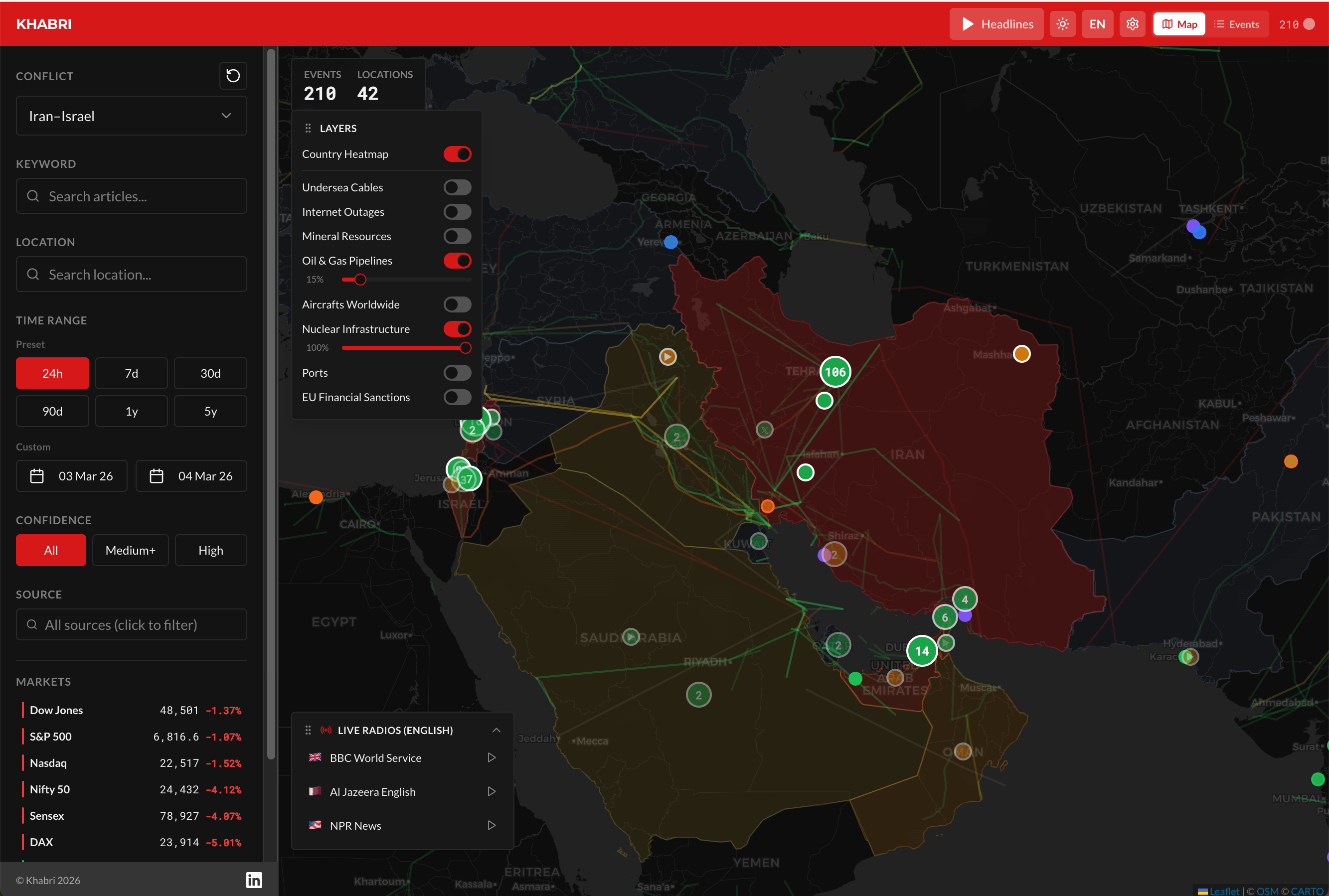 Khabri dark mode map view showing Iran-Israel conflict with clustered markers, map layers panel (submarine cables, oil pipelines, nuclear infrastructure), market ticker, and live radio stations