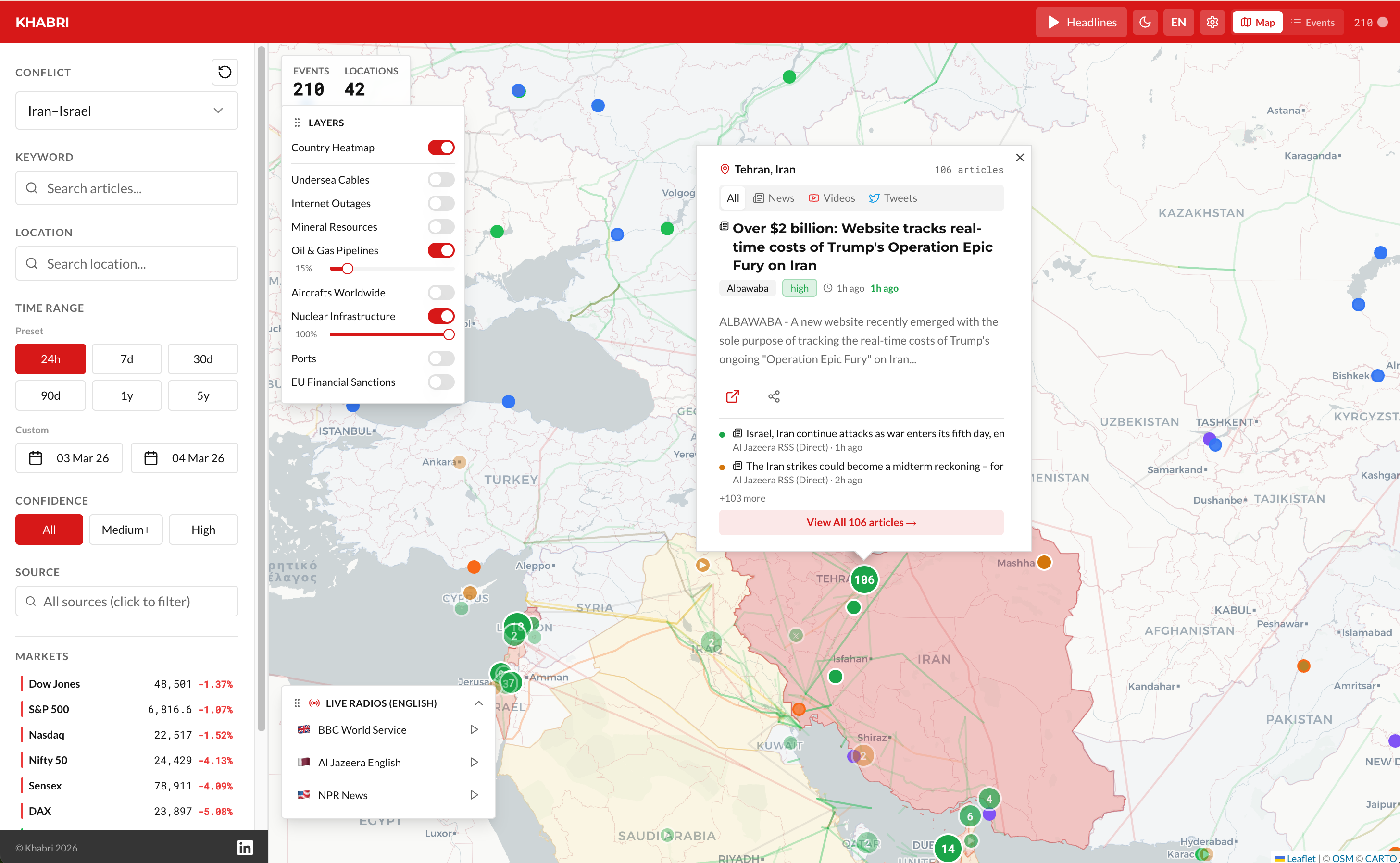 Khabri platform showing interactive conflict map with article popup, geocoded markers, and location intelligence