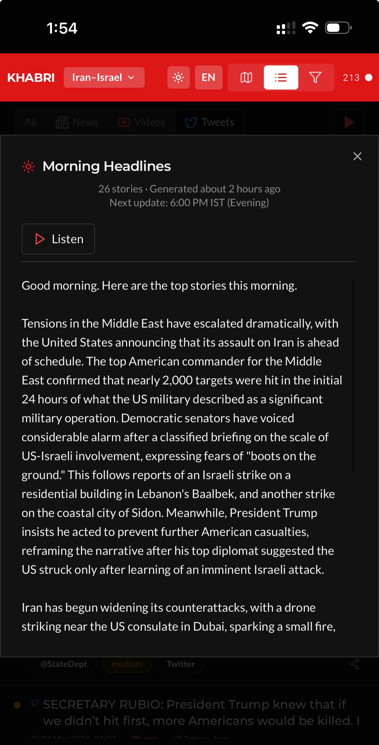 Khabri mobile AI-generated morning headlines with play/listen button, showing broadcast-style news bulletin text