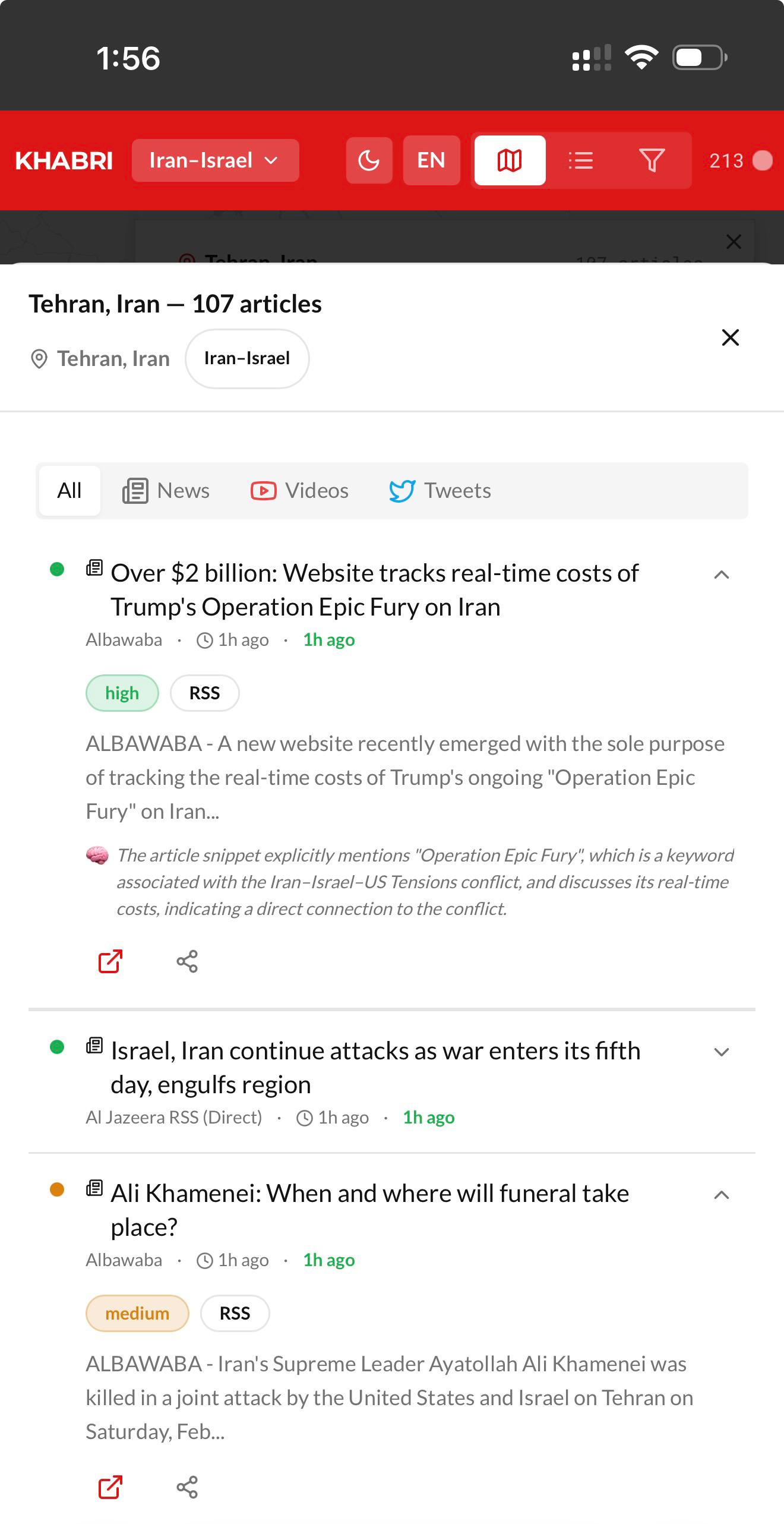 Khabri mobile list view in English showing articles filtered by location with confidence badges, source tags, and expandable AI reasoning