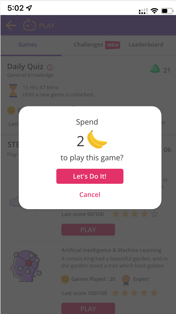 Purple Tutor banana currency spend dialog for quiz entry