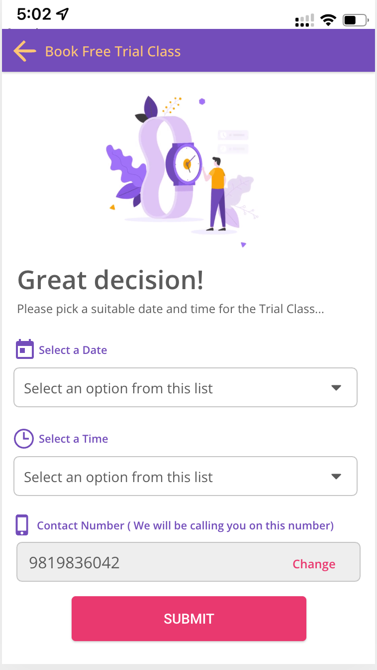 Purple Tutor Book Free Trial Class screen with date, time, and contact selection
