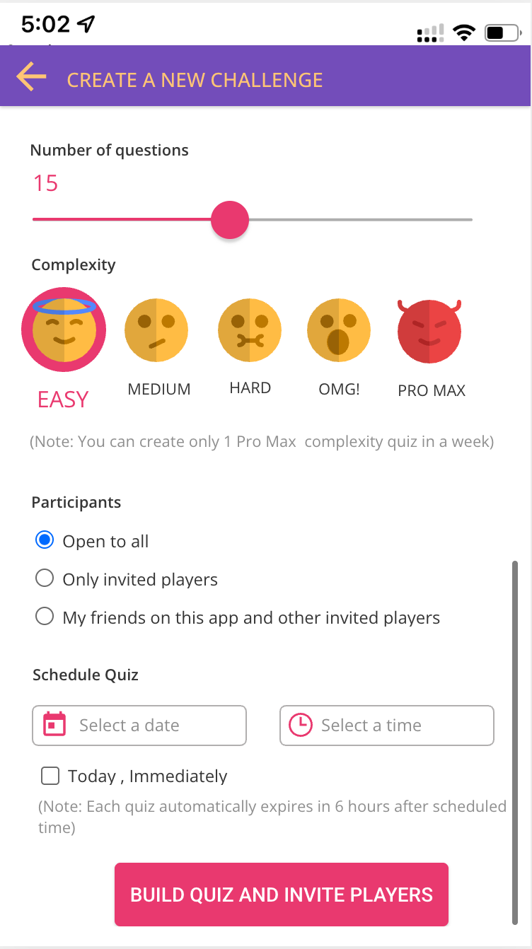 Purple Tutor challenge configuration with difficulty tiers, participant options, and scheduling