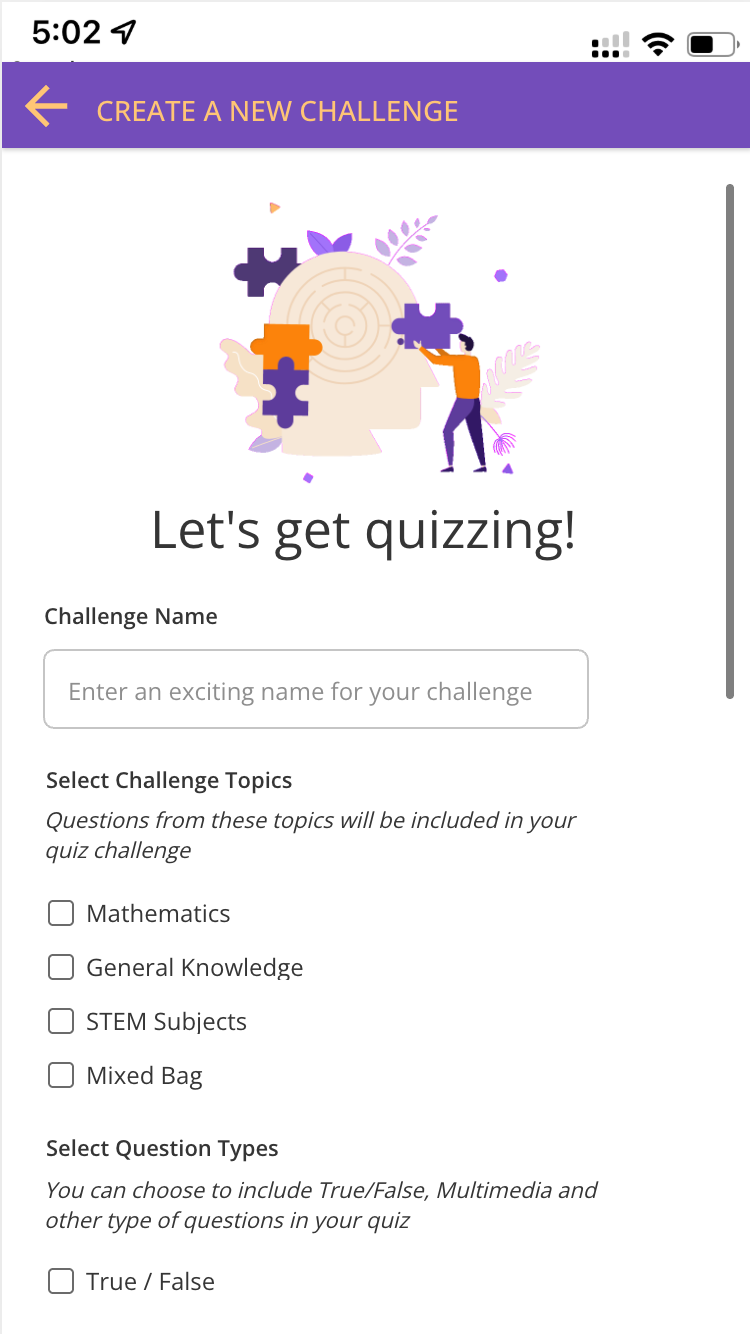 Purple Tutor Create a New Challenge screen with topic and question type selection