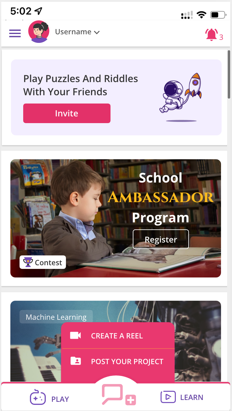 Purple Tutor student home screen with Play, Learn, Invite, Create a Reel, and Post Your Project cards