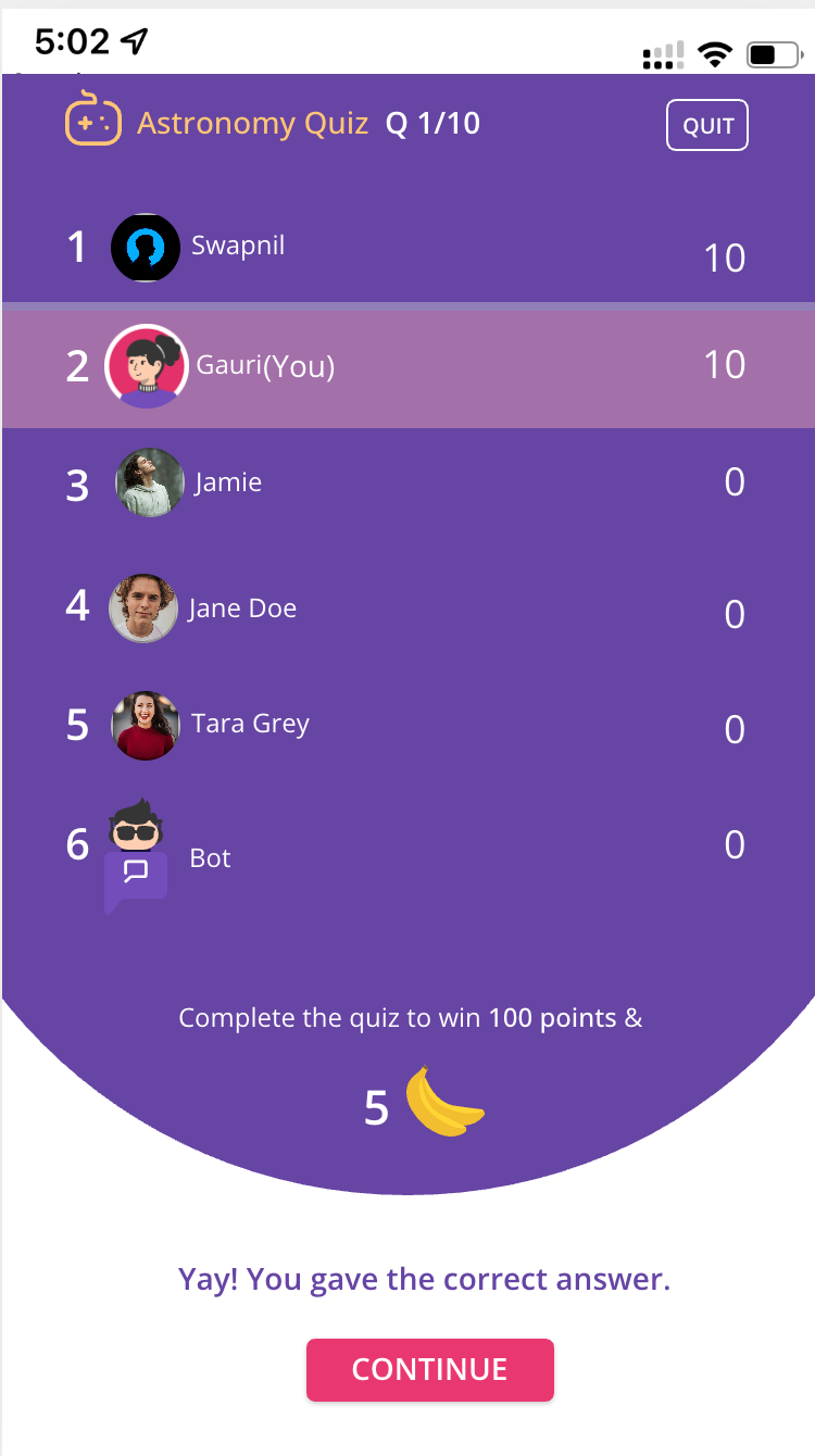 Purple Tutor live leaderboard during quiz showing player rankings and banana rewards