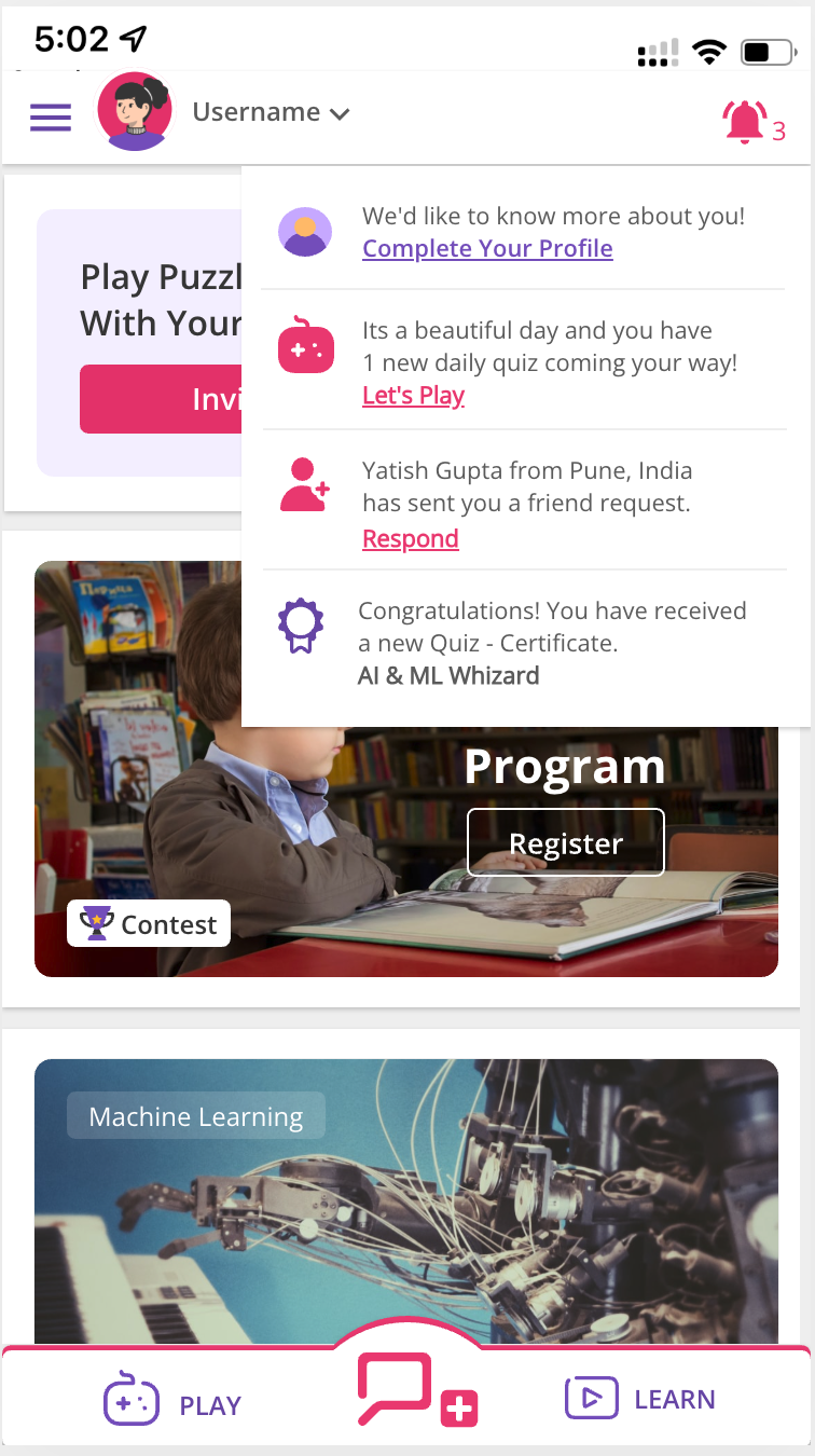 Purple Tutor notification center with personalised alerts for surveys, daily quizzes, friend requests, and certificates