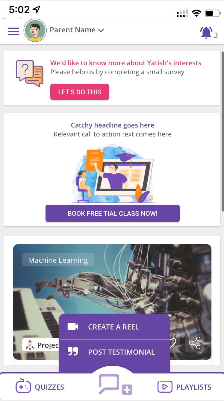 Purple Tutor parent dashboard with interest survey, trial class CTA, and learning content