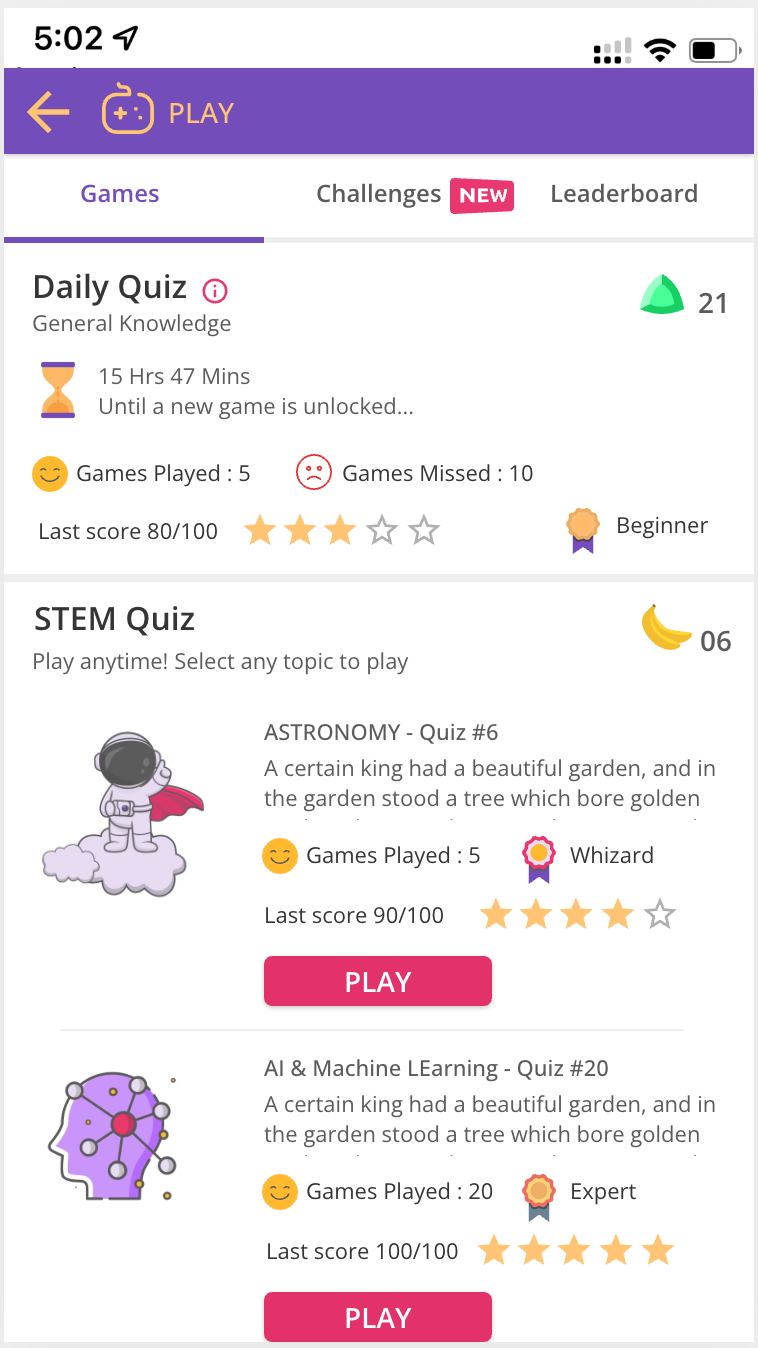 Purple Tutor Play section with Daily Quiz, STEM Quiz, gamification with points and leaderboards