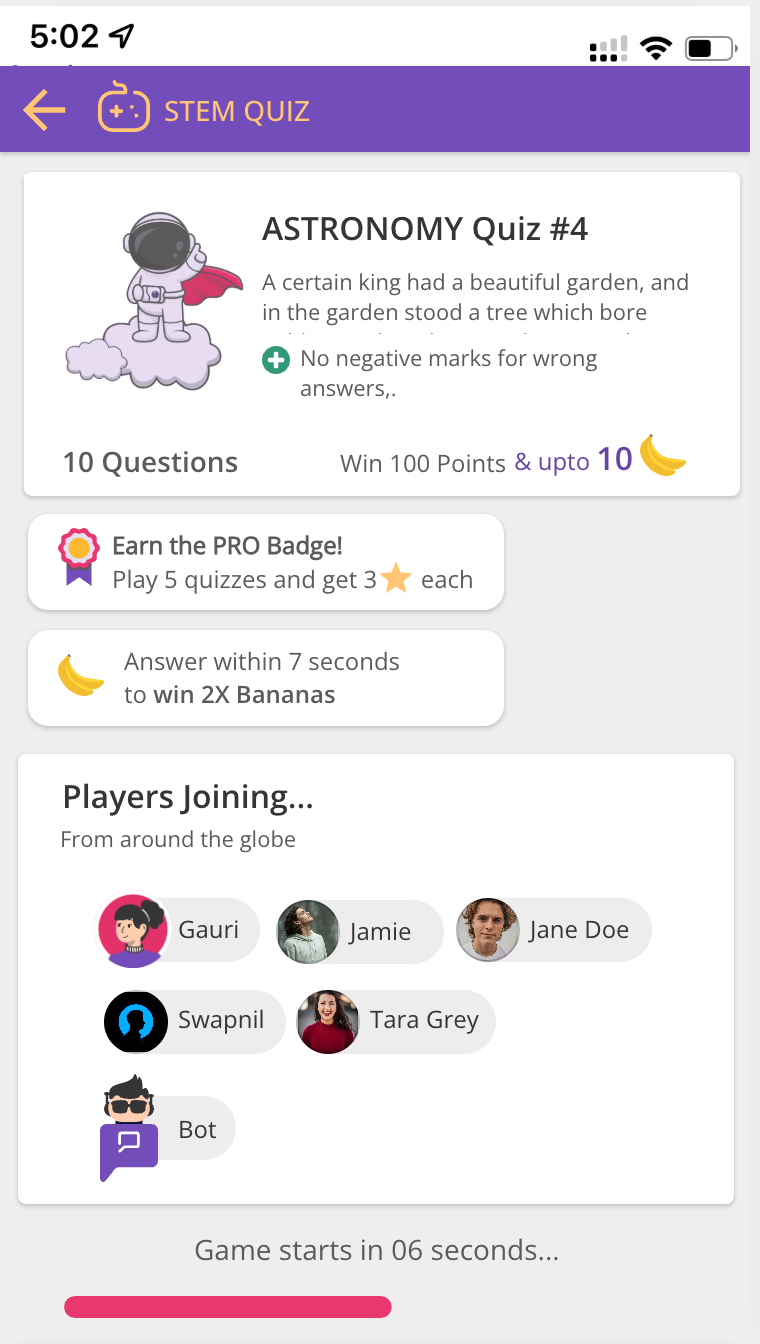 Purple Tutor quiz lobby showing players joining from around the globe with countdown timer