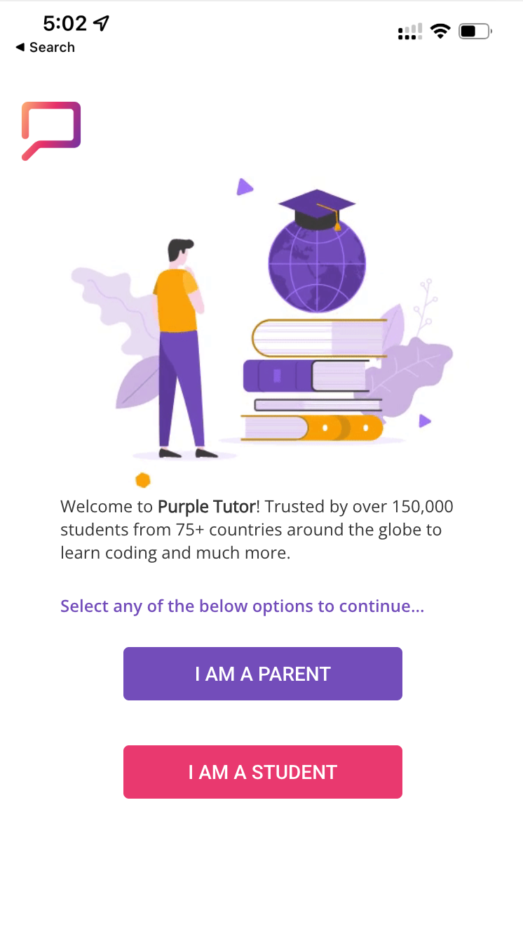 Purple Tutor welcome screen showing parent and student role selection, trusted by 150,000+ students from 75+ countries