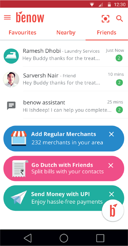 Benow buyer app home screen showing Favourites, Nearby, and Friends tabs with chat-style feed and action cards for merchants, bill splitting, and UPI payments