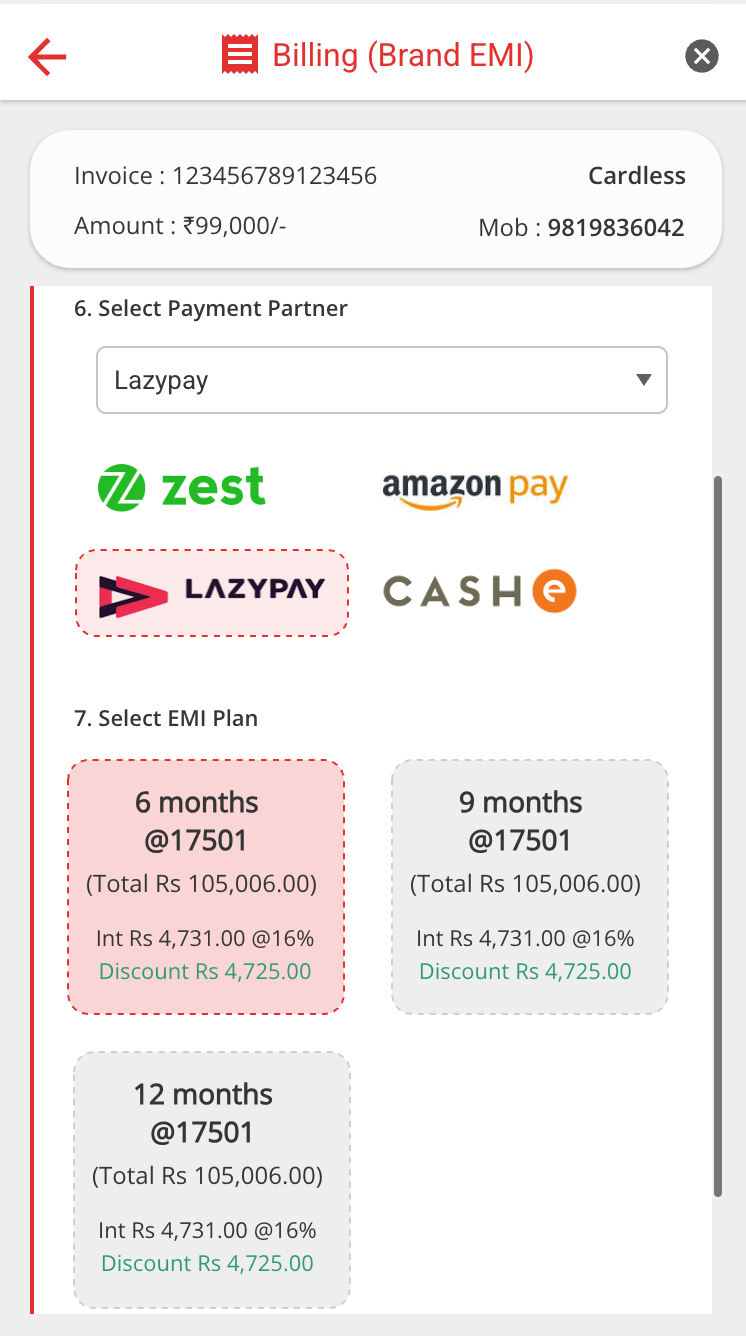 Benow Brand EMI billing screen showing payment partner selection including LazyPay, Zest, Amazon Pay, and CashE with 6, 9, and 12 month EMI plan options