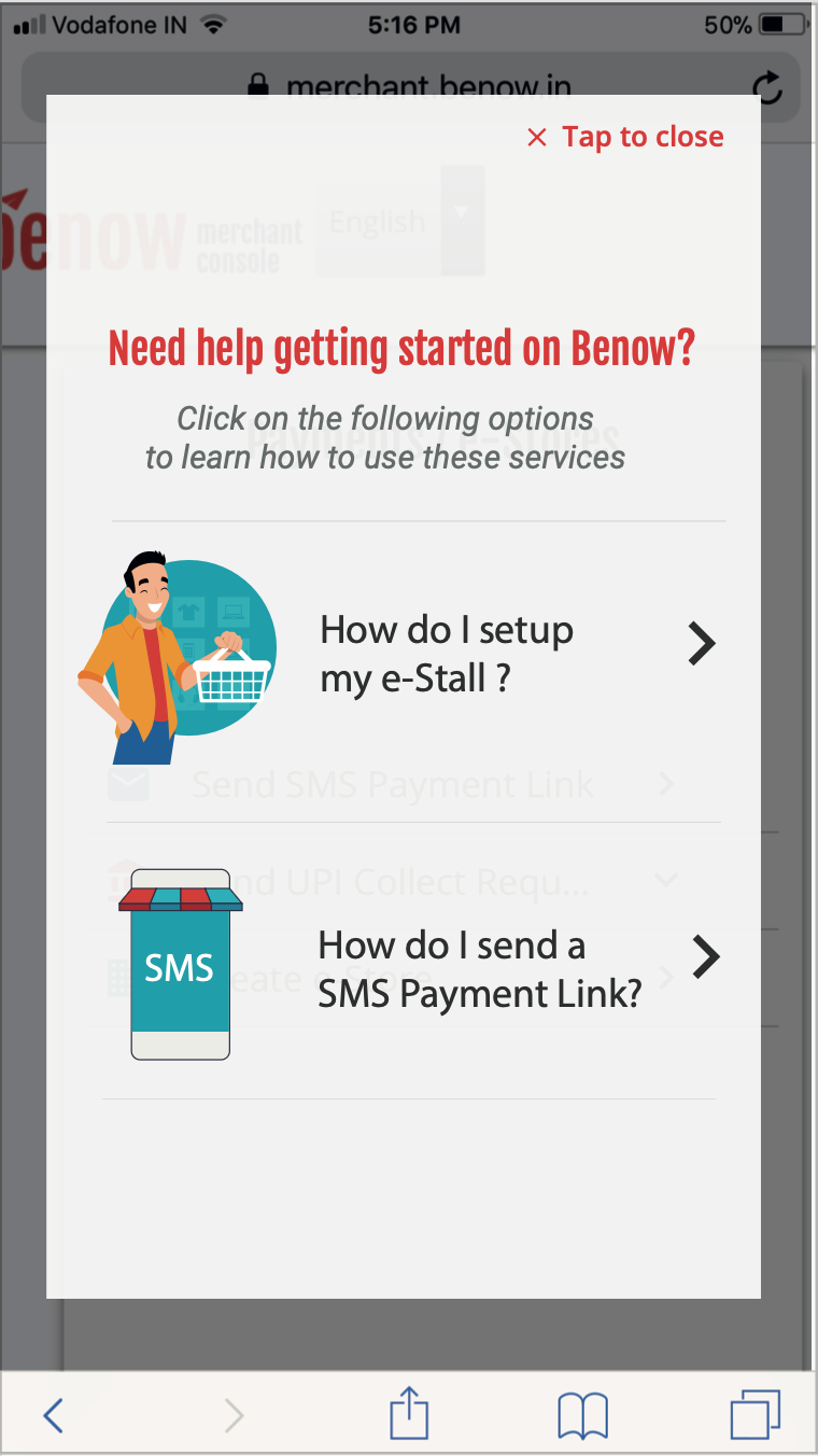 Benow merchant console onboarding walkthrough showing illustrated guide for setting up e-Stall and sending SMS payment links