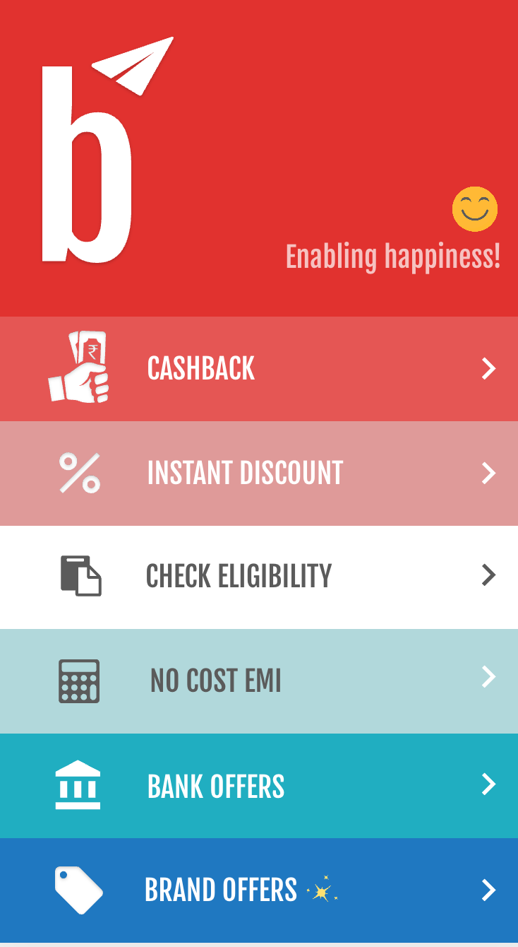 Benow offers hub showing Cashback, Instant Discount, Check Eligibility, No Cost EMI, Bank Offers, and Brand Offers with Enabling happiness tagline