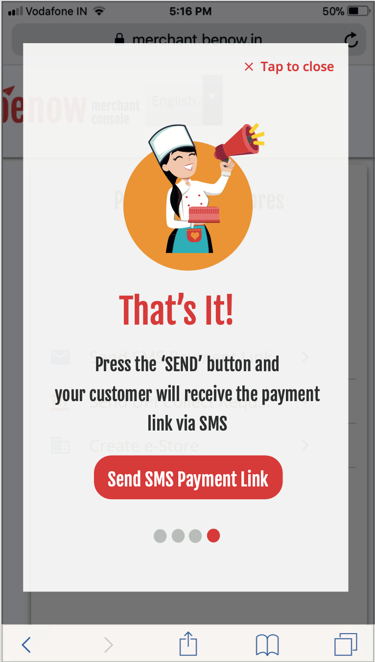 Benow merchant SMS payment link confirmation screen with illustrated character and Send SMS Payment Link button