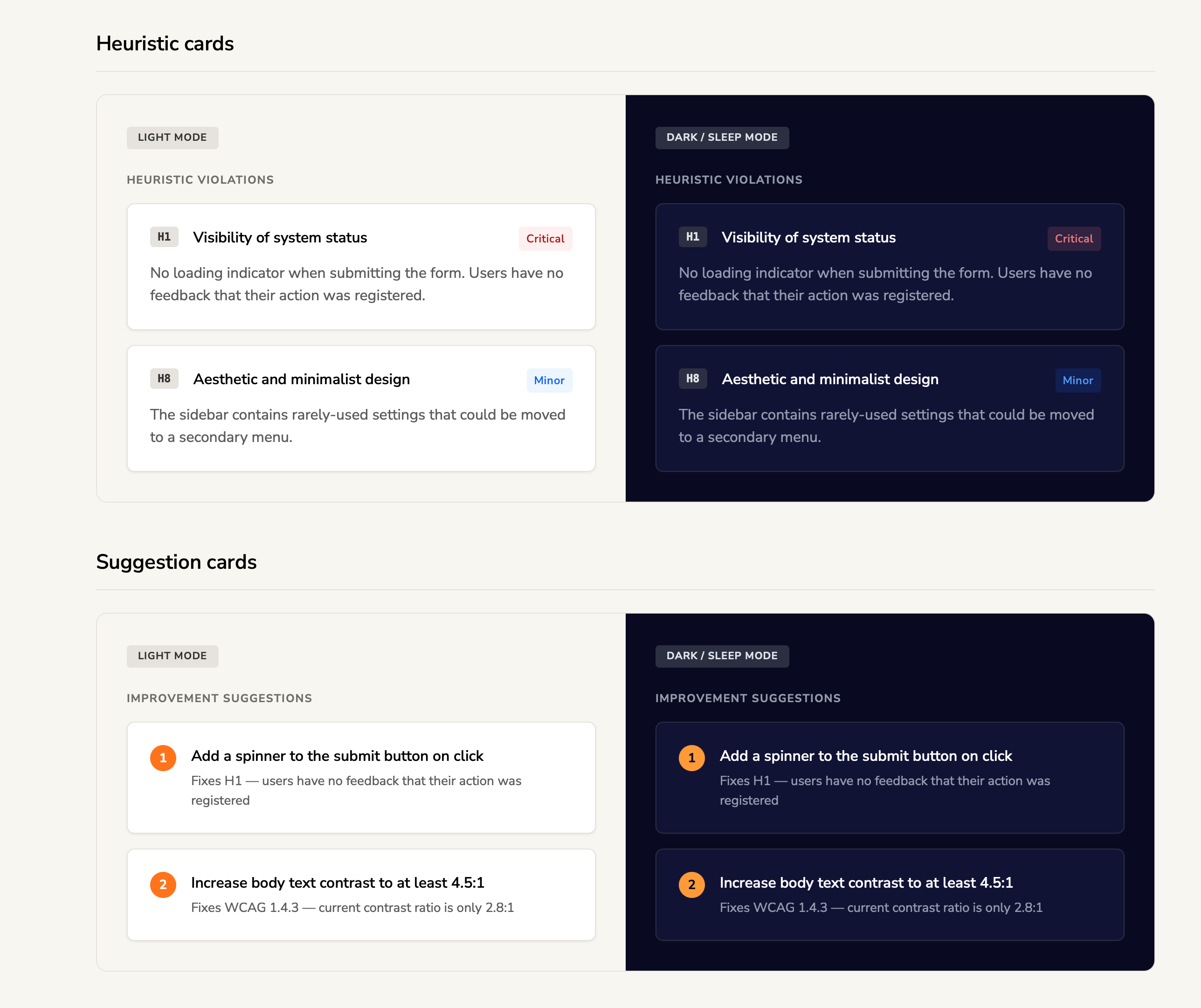 Heuristic and suggestion card components