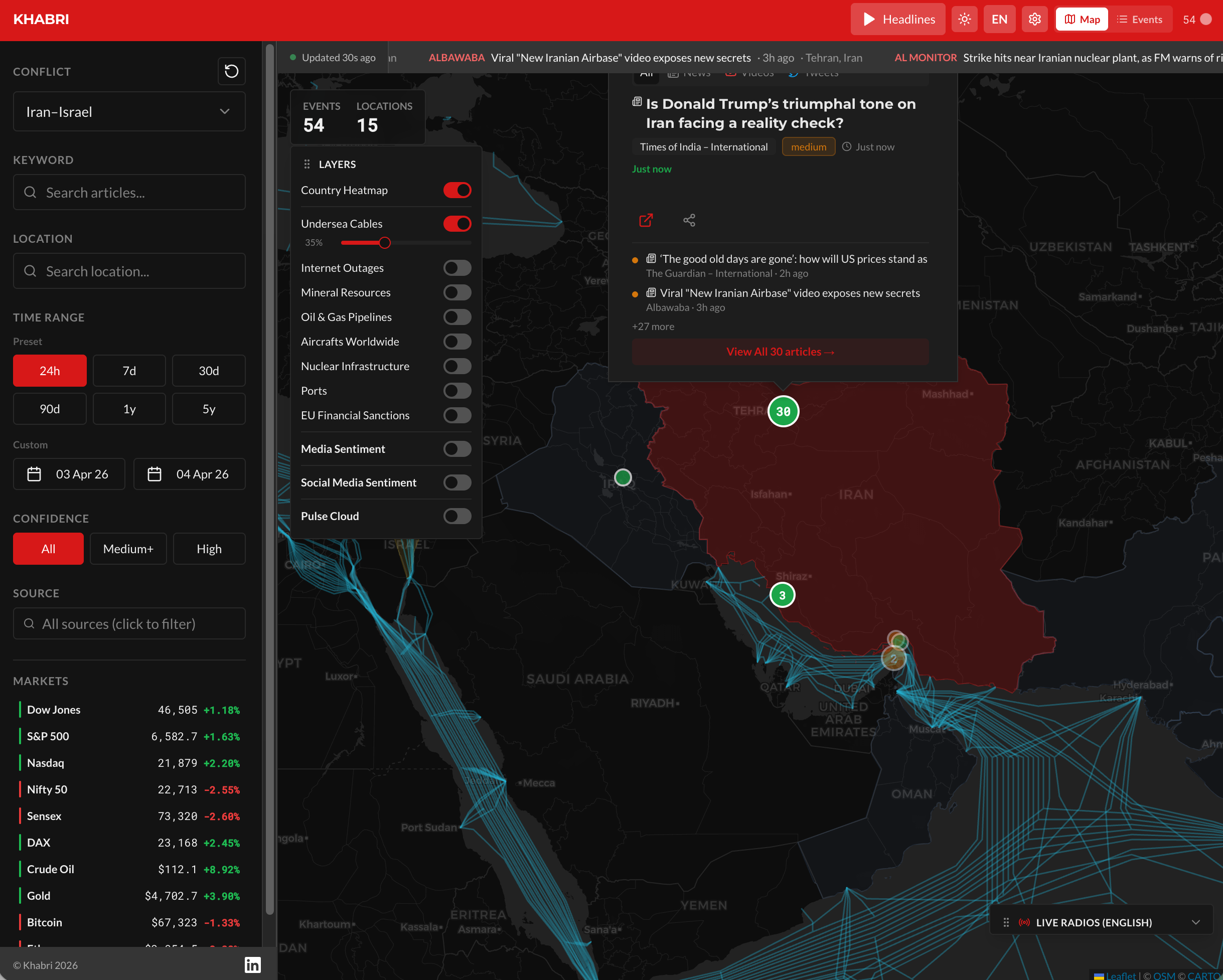 Khabri platform showing interactive conflict map with article popup, geocoded markers, and location intelligence