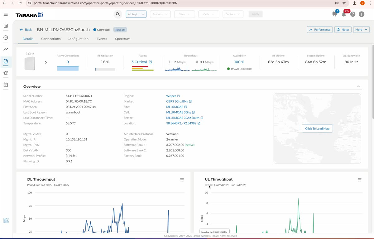 TCS Device Details page showing base node status, KPI metrics, overview data, embedded map, and throughput charts