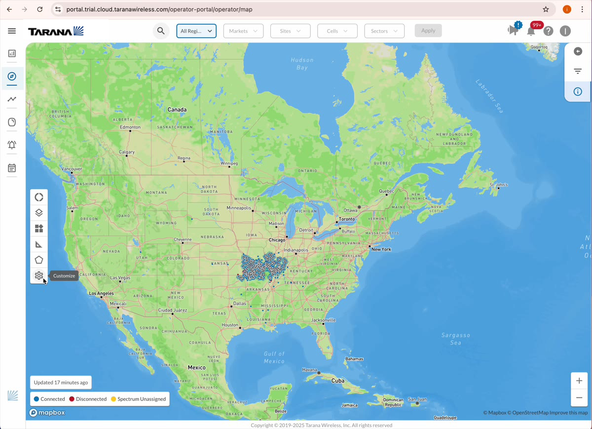 TCS Maps view showing Tarana network deployments across the United States with connected and disconnected nodes visualized on a Mapbox map