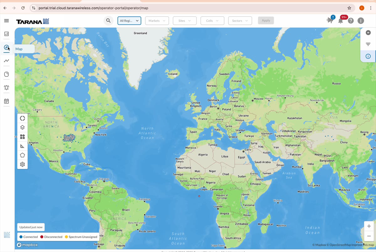 TCS global map view showing Tarana network deployments worldwide across multiple continents